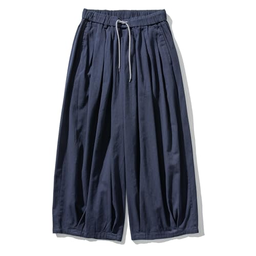 GURUNVANI Herr vida ben haremsbyxor japansk lös passform byxor ledig elastisk midja byxor, BLÅ, L