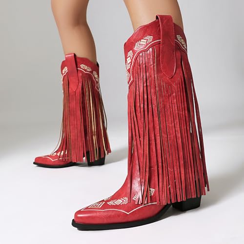 Image of Embroidered Fringe Cowboy Boots for Women, Pull On Mid Calf Chunky Block Heel Pointed Toe Western Cowgirl Boots Riding Country Boot Retro Boots