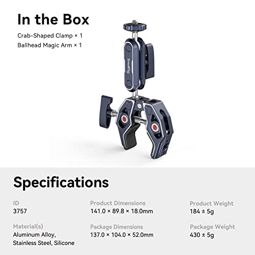 Smallrig Super Clamp Ballhead Magic Arm Camera Clamp, Crab-Shaped Monitor Clamp With 1/4"-20, 3/8"-16 Threaded Holes For Gopro/Dslr Camera/Stabilizer - 3757 #TOP7