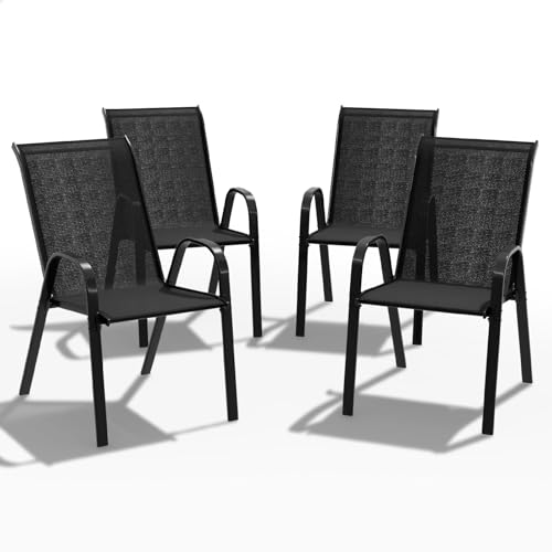 ALFORDSON Set of 4 Stackable Outdoor Mesh Chairs, Breathable Textilene Fabric, UV-Resistant, Metal Frame Garden Patio Seating for Lounge Conversation Set, Dining/Bistro Coffee Table, Black