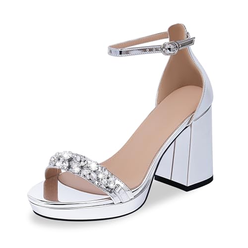 Women's Chunky Platform Heel Rhinestone Sandals Open Toe High Heel Buckle Strap Dressy Summer Shoes for Weddings, Parties & Daily Wear