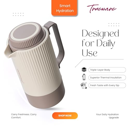 Image of Trueware Amaze ISI Certified Inner Steel Thermoware 1000 ML Hot & Cold Flask Jug, BPA Free, Leak Proof, Ideal for Tea, Coffee, Water, Hot and Cold Beverages