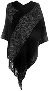 Women's Elegant Knitted Shawl Poncho with Fringed V-Neck Striped Sweater Pullover Cape Gifts