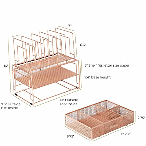 Blu Monaco Workspace Rose Gold Desk Organizers And Storage Accessories Desktop Rack File Organizer With File Sorters And Drawer For Office Supplies, Paper, Device And Folder #TOP5