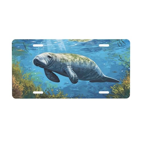Cute Manatee Front License Plate Car Decor Accessory Aluminum Metal Decorative Car Plate Funny Novelty Vanity Tag with 4 Holes for Men Women for Trucks, Suvs & Rvs 6×12 in,E-447