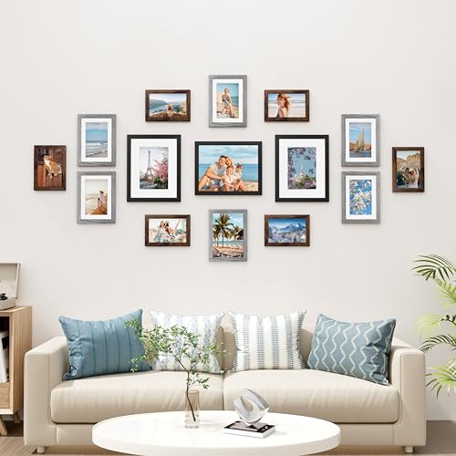 Image of Vittanly 15 Pack Picture Frames Collage Wall Decor for Mounting or Tabletop Display, Gallery Frame Set for Family, Multi Sizes Including 3pcs 8x10, 6pcs 5x7, 6pcs 4x6, Black, Brown and Grey