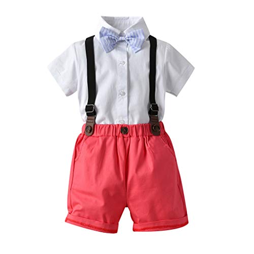Baby Boys Gentleman 2Pcs Suit Outfits Clothes Set for Little Kids Toddler Striped Bow Tie Short Sleeve Shirt+Suspenders Shorts (Red, 18-24 Months)