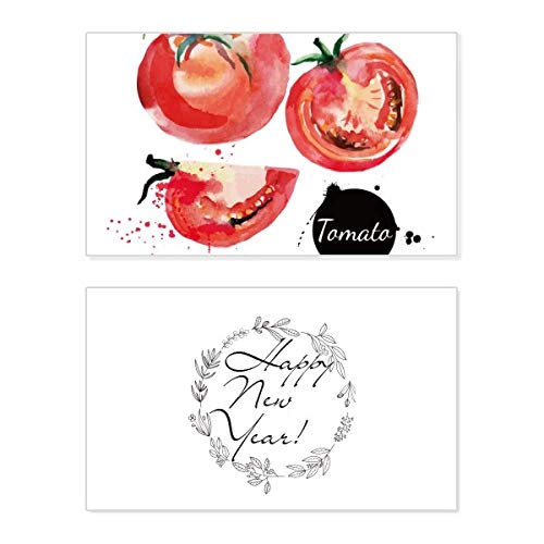 Tarjeta de Año Nuevo con tomate vegetal en acuarela y texto de bendición saludable