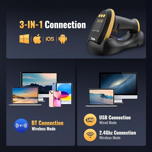 Image of Tera Barcode Scanner Wireless with Screen: Pro Version 1D 2D QR with Setting Keypad Charging Cradle Works with Bluetooth 2.4G Wireless USB Wired Handheld Bar Code Reader HW0009 Yellow