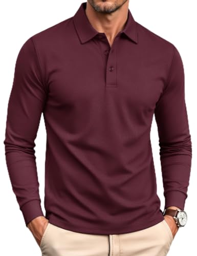 Cotrasen Long Sleeve Polo Shirts for Men Moisture Wicking, Wine Red, L