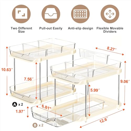 Delamu 2-Tier Multi-Purpose Bathroom Under Sink Organizers and Storage, Stackable Kitchen Pantry Organization, Pull Out Medicine Cabinet Organizer with Movable Dividers, Beige, 4 Pack