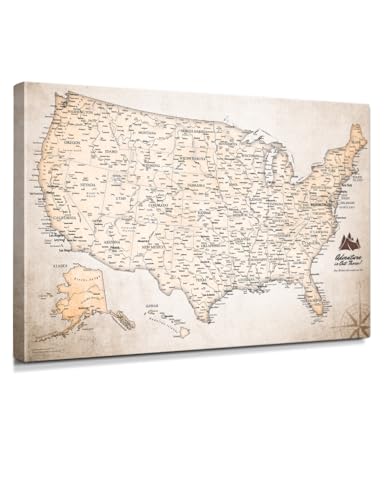 Image of IPIC - Vintage USA Canvas Wall Art, Oversize Travel Map Print for Home, Office, or Study, Push Pin Board Decor for Travel Lovers, Ready to Hang