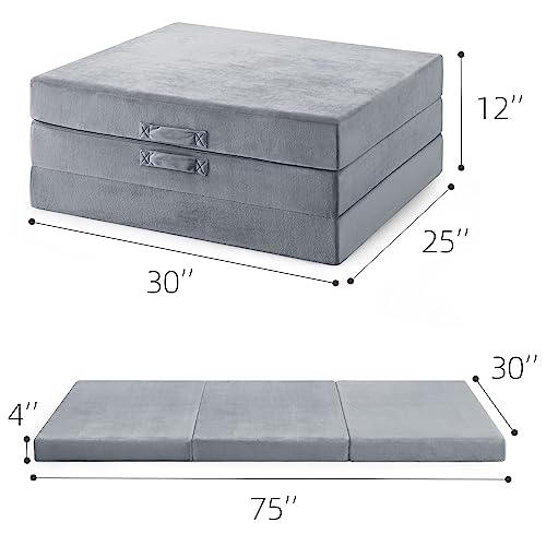 Jamdok Trifold Mattress,4 Inch Memory Foam Portable Mattress with Machine Washable Crystal Velvet Cover, Cot Size Foldable Floor Mattress Topper,Guest Bed for Adult,Camping (75”X30”x4”)
