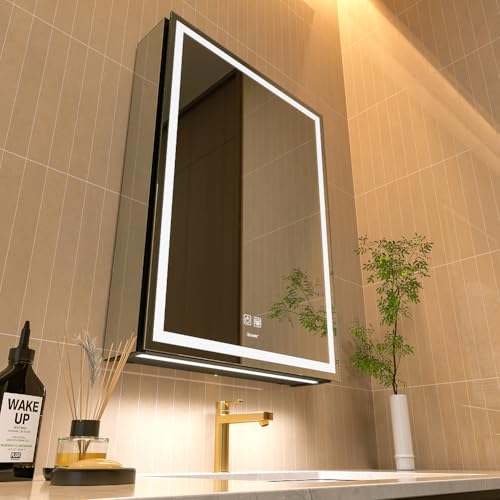 GANPE LED Lighted Bathroom Medicine Mirror Cabinet with Sockets & USBs, Anti-Fog Dimmable Light and Color Adjustment, Antirust and Easy to Install Aluminum Cabinet (Right Hinge, 28
