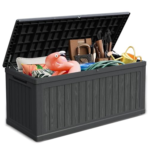 KDYMOD 320 Gallon Outdoor Storage Deck Box Waterproof Resin Deck Boxes with Handle & Lockable for Patio Furniture Garden & Pool Tools -Swimming Pool UV Resistant Black (320)