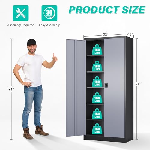 SISESOL Metal Storage Cabinet with 2 Doors and 6 Shelves,Gray Metal Cabinet with Lock,71" Lockable Garage Storage Cabinets,Locking Steel Cabinets for Home,Office,Garage,School