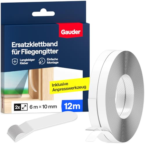 GAUDER Klettband für Fliegengitter aus Polyester - Klettband selbstklebend extra stark für Mückennetz - Transparentes Befestigungsband für Fliegennetz & Insektengitter (12 Meter)