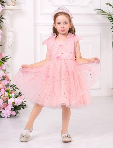 Image of IMEKIS Toddler Kids Girls Butterfly Dress Sparkle Sequins Tulle Wedding Formal Birthday Dresses 2-10T