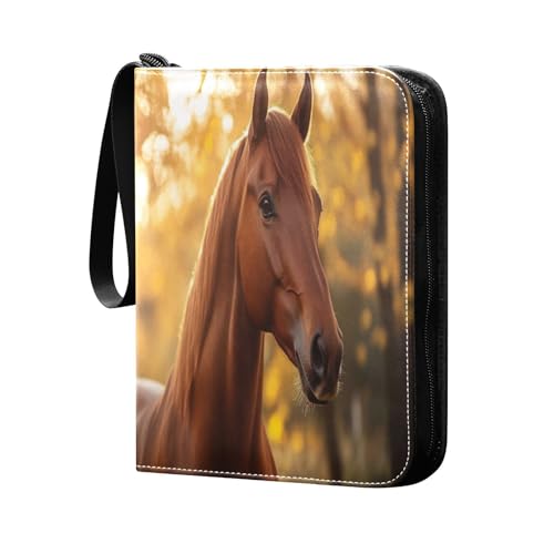 Nesatuwa Horse Portrait Trading Card Binder with Sleeves PU Leather Holds 400 Cards,Double Sided Trading Card Folder with Zipper Collection Binder Album Book Case for Boys Girls