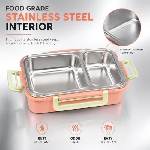 Image of Premium 2 Compartment Stainless Steel Lunch Box with Airtight Leakproof Lid | Durable Food Storage Bento Box with Secure Lock Clips (Pink Color)