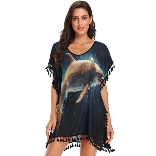 Abstract Flying Dolphin Dark Art Women's Beach Cover Up Chiffon Tassel Swimwear Swimsuit Coverups for Girl