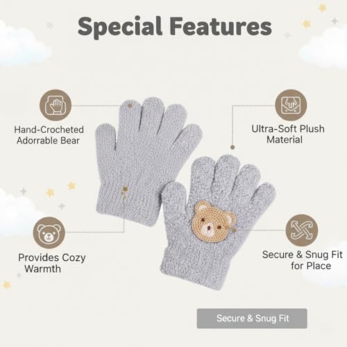 Image of Kraptick Kids Winter Gloves - Ultra-Soft Thick Knit Fuzzy Warm Mittens for Boys & Girls Cute Bear Patch Thermal Hand Warmers for Toddlers & Children -1