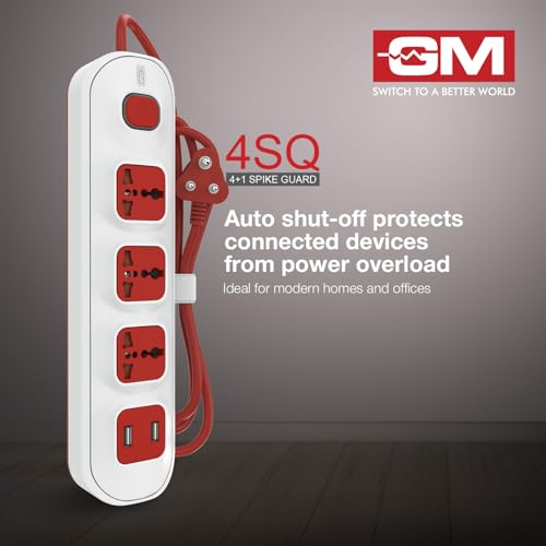 Image of GM 3251 4 Way Extension Board with 2 USB Port | Safety Shutter |for Power Requirements Up to 1440W |1.5 Mtr ISI Certified Copper Wire| LED Indicator | Rating -6A, 240V | Home & Office Use, 10 Volts
