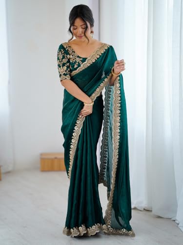 Image of AKHILAM Women's Tissue Embroidered Scalloped Border Saree With Embroidered Unstitched Blouse Piece