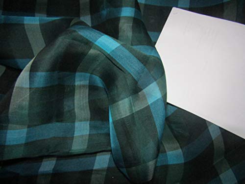 Organza de soie à carreaux bleu et vert de 111,8 cm de large au mètre