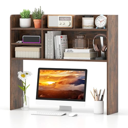Tangkula Desktop Bookshelf for Computer Up to 32”, 37” Countertop Storage Hutch with 6 Storage Shelves, 3-Tier Desktop Organizer Display Rack, Wooden Desk Hutch for Dorm Home Office (Rustic Brown)
