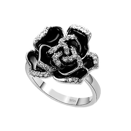 Black Enamel Rose Flower Cubic Zirconia Statement Rings for Women Girls Dainty Crystal Camellia Flowers Engagement Wedding Finger Ring Xmas Jewelry Girlfriend BFF