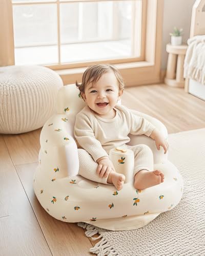 Image of Inflatable Baby Seat for Learning to Sit & Feeding (3-36 Months) with Built-in Air Pump - Anti-Tip, Ergonomic & Portable Floor Seat (L Olive Leaf)