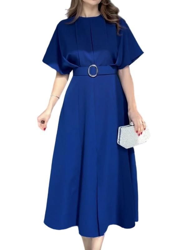 UOOZEE Womens Pleated Short Sleeve Swing A Line Business Casual Dresses 2025 Summer Teacher Work Midi Dress with
