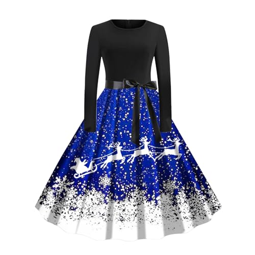 Robe swing imprimé de Noël femme avec col rond et manches longues