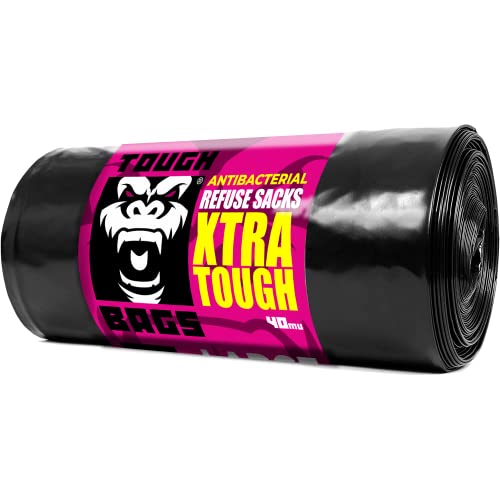 TOUGH BAGS Antibacterial Large Refuse Sacks - 80 x 100cm 40 μm, 20 Bag Roll - Xtra Tough & Strong Bin Liners Bin Bags - Perfect for Domestic, Commercial and Industrial Environments.