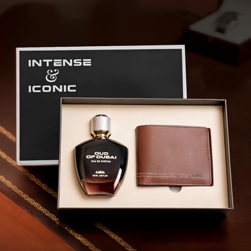Image of Ajmal | Intense Iconic Perfume Gift Set for Men | Oud of Dubai Perfume 100 ml + Wallet | Premium Eau De Parfum | Long Lasting Fragrance for Men | Luxury Gift Set for Men, Gift for Father, Gift for Husband