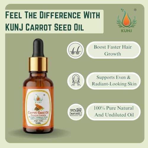 Image of KUNJ Carrot Seed Oil 10ML - Pure Natural Cold Pressed Carrier Oil for Glowing Skin, Face Care, Hair Nourishment, Massage, DIY Cosmetics & Daily Beauty Care