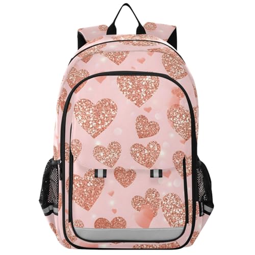 senya Shiny Gold Hearts Backpack Water-Resistant Bag Lightweight Bookbags with Reflective Strip
