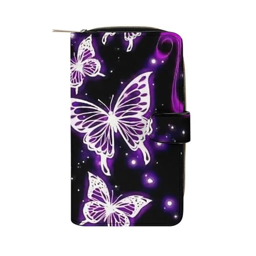 Purple Butterfly Pattern Leather Wallets Large Capacity Zipper Pocket Card Holder with ID Window