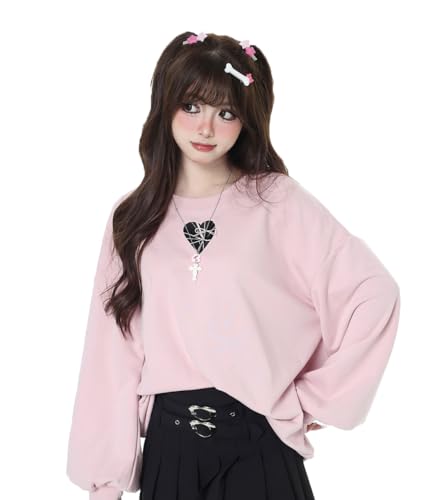 Women's Cute Love Heart Print Y2K Bow Tie Lace Up Loose Long Sleeve Top Medium Pink