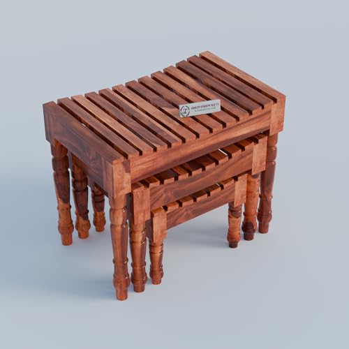 Image of Jangid Handicraft Solid Sheesham Wood Nesting Table for Living Room | Wooden Nesting Tables Set of 3 with Design Legs for Decor | Side Table Set & Stool Furniture for Office & Garden | Honey Finish