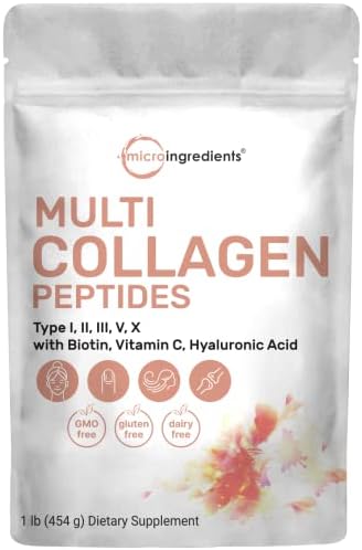 Multi Collagen Peptides Powder, 1 Pound (16 Ounce) - Type I,II,III,V,X with Biotin 10,000mcg, Hyaluronic Acid, Vitamin C - Unflavored - Keto & Paleo Friendly, Easy Dissolve, Non-GMO, Gluten Free