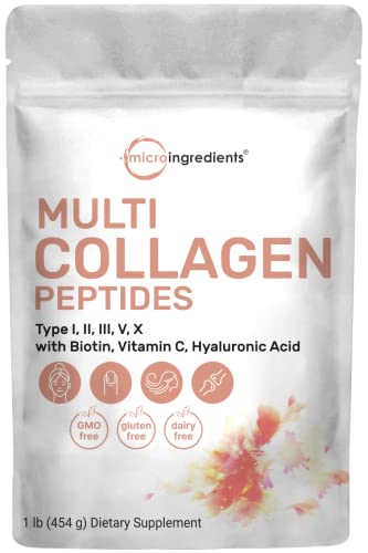 Multi Collagen Peptides Powder, 16 Oz – Hydrolyzed Protein Peptides | Type I,II,III,V,X with Hyaluronic Acid, Biotin 10,000mcg & Vitamin C – Unflavored – Keto & Paleo Friendly, Ez Mix in Drinks