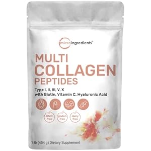 Multi Collagen Peptides Powder, 1 Pound (16 Ounce) – Type I,II,III,V,X with Biotin 10,000mcg, Hyaluronic Acid, Vitamin C…