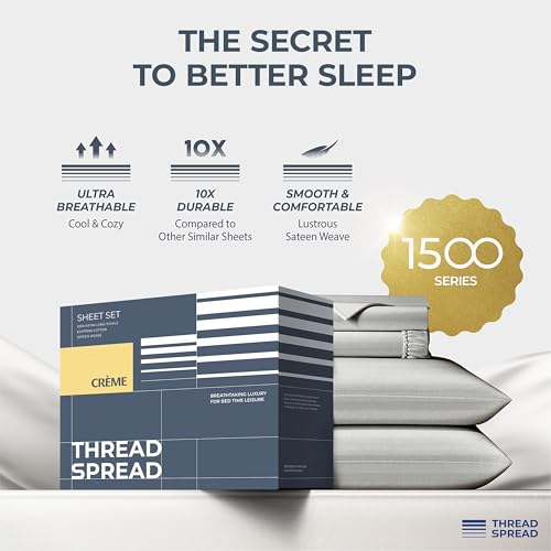 Image of THREAD SPREAD 100% Egyptian Cotton Damask King Size Sheets Set - Luxury 1500 Series Egyptian Cotton Sheets King Size (4 PC, Silver Stripe), Silky Soft, Sateen & Cooling, 17 inch Deep Pocket Bed Set