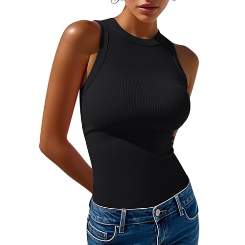 eQFeast Damen High Neck Tank Top Casual Fitted Sleeveless Tops Slim Fit Basic Racerback Shirts, Schwarz, Klein