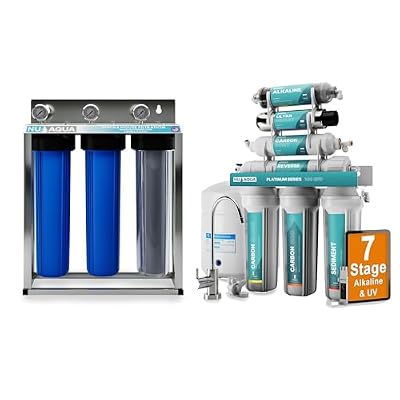 NU Aqua 7-Stage UV and Alkaline Under Sink Reverse Osmosis Water Filter System + 3-Stage Whole House Water Filtration System - RO Filtration - Faucet & Tank