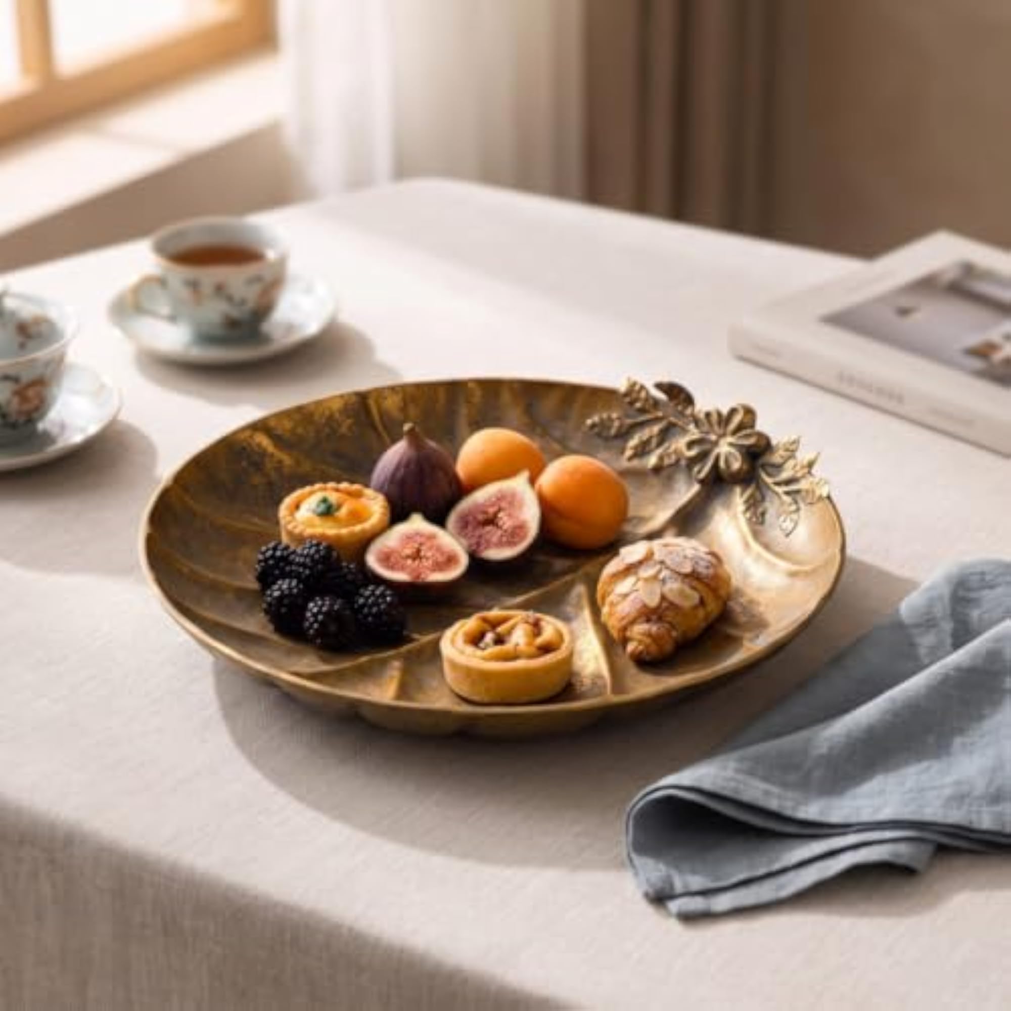 Antique Gold Decorative Tray with Leaf Design