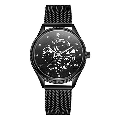 Orologi Da Polso Skeleton Casual Sport Orologio Al Quarzo Cinturino In Acciaio Inossidabile Elettronico nero
