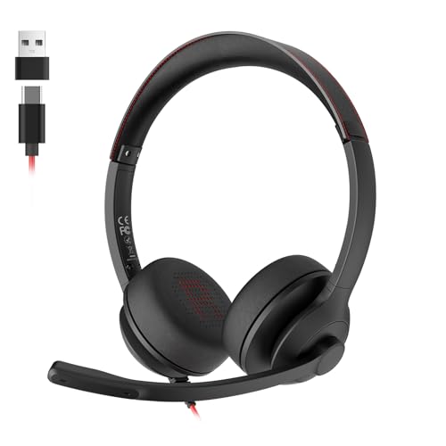 USB Headset with Microphone for PC/Laptop, Wired Headphones with Noise Cancelling Mic, USB C & USB A, All-day Comfort, Lightweight Computer Headset for Home Office, Call Center, School, Remote Work